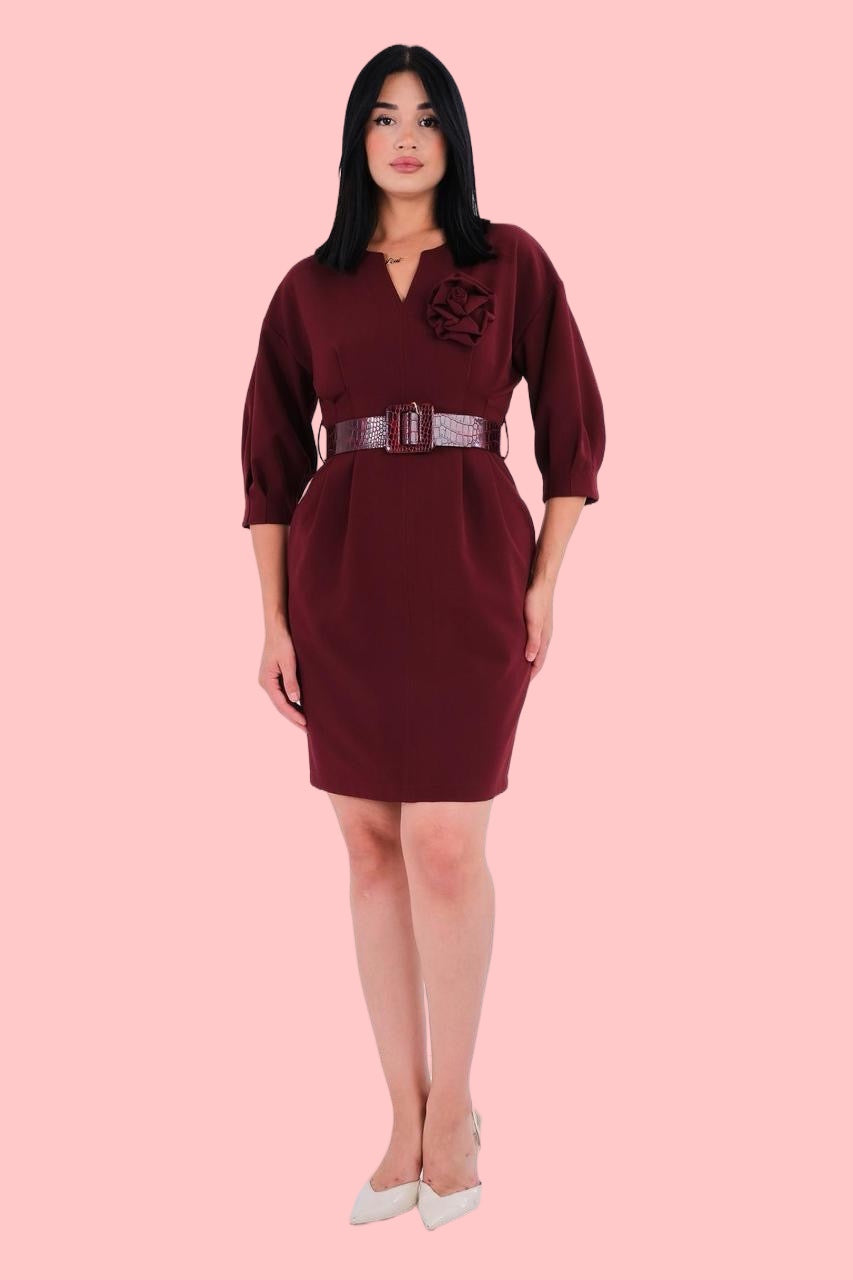 Елегантна Рокля с 3/4 Ръкав + Колан (Бордо)