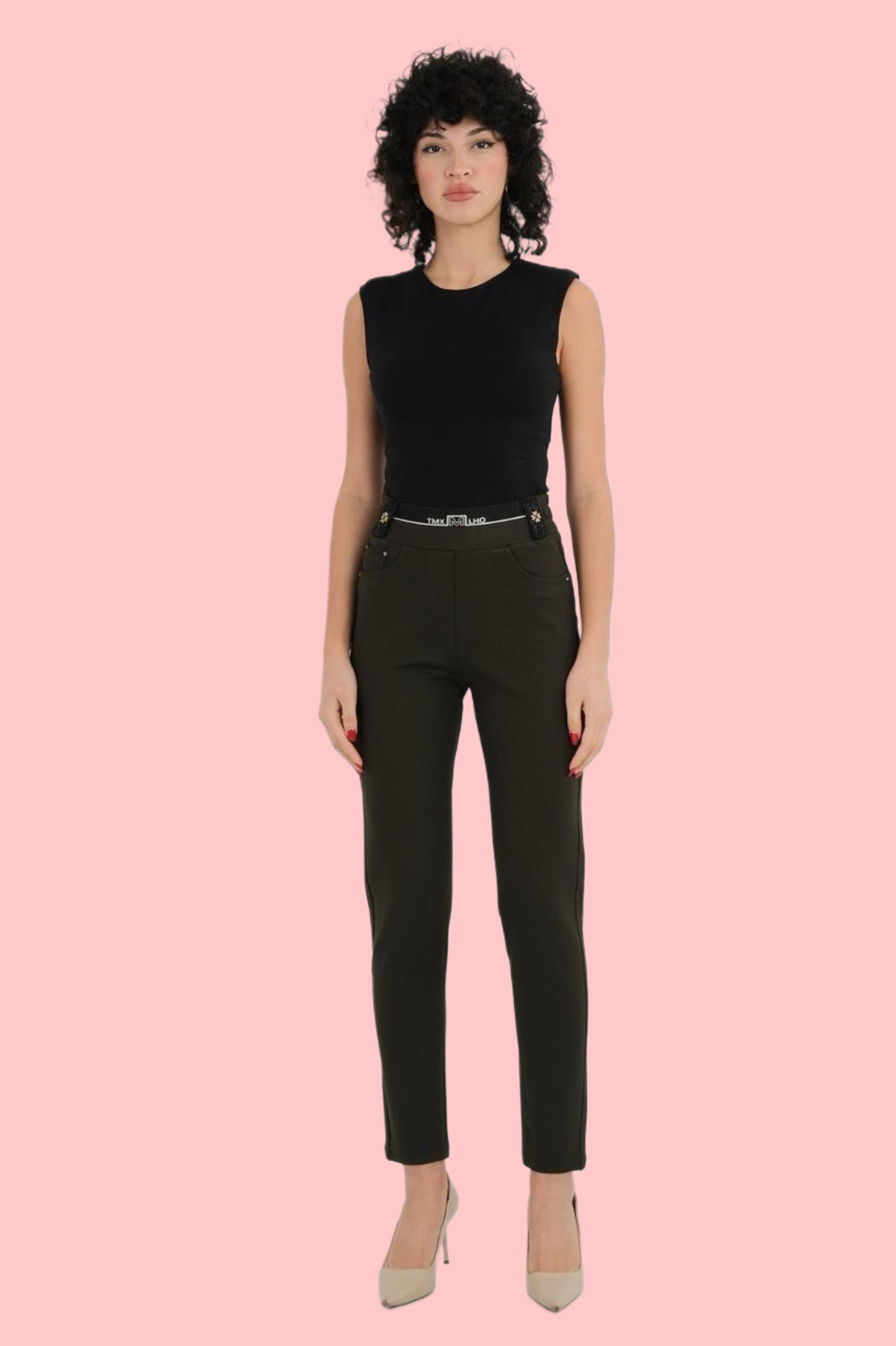 Панталон с Висока Талия и Еластичност, Цвят Маслина/Хаки