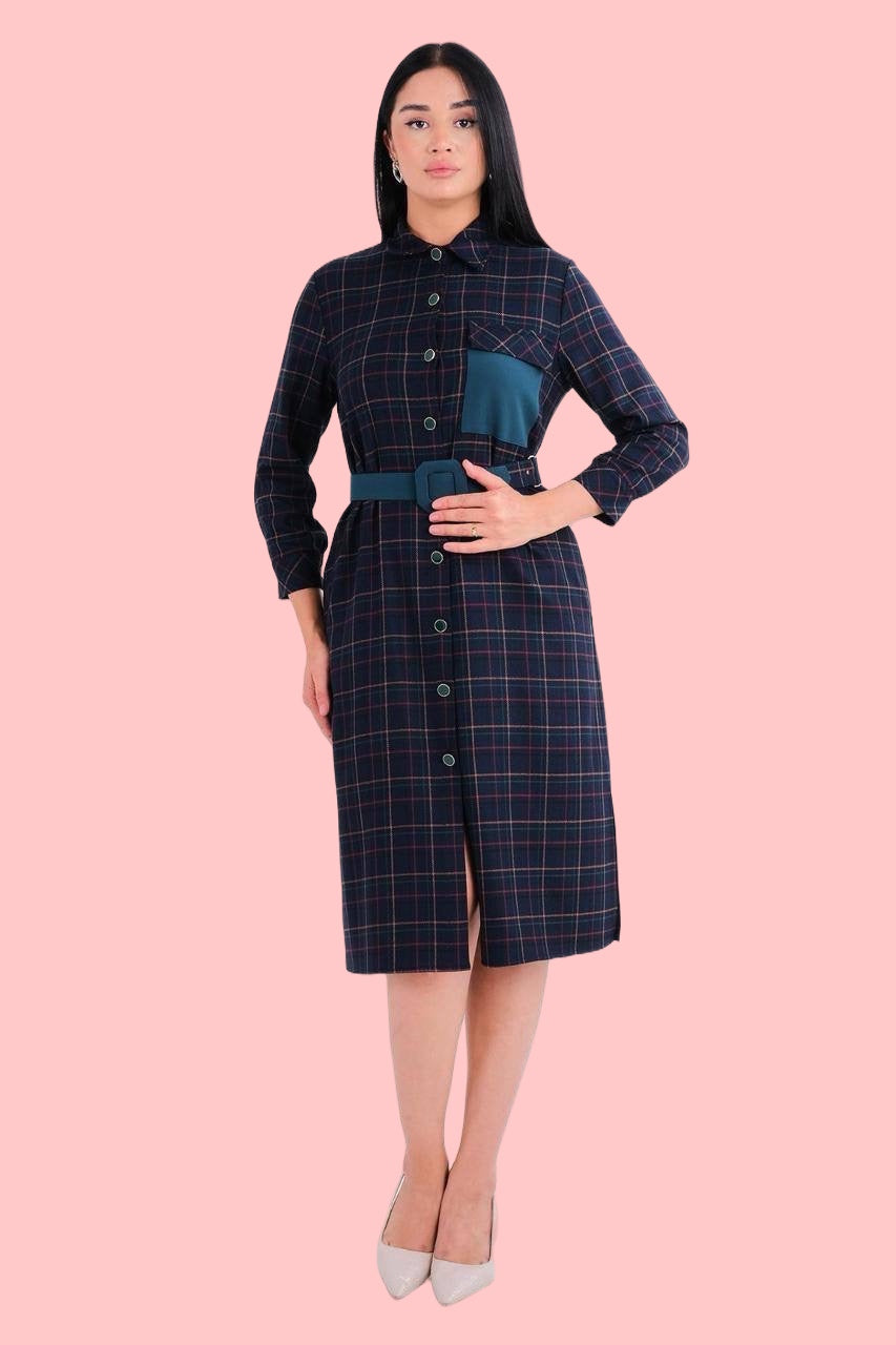 Делова Рокля-Риза Миди, Тъмно Каре с 3/4 Ръкав и Контрастен Колан