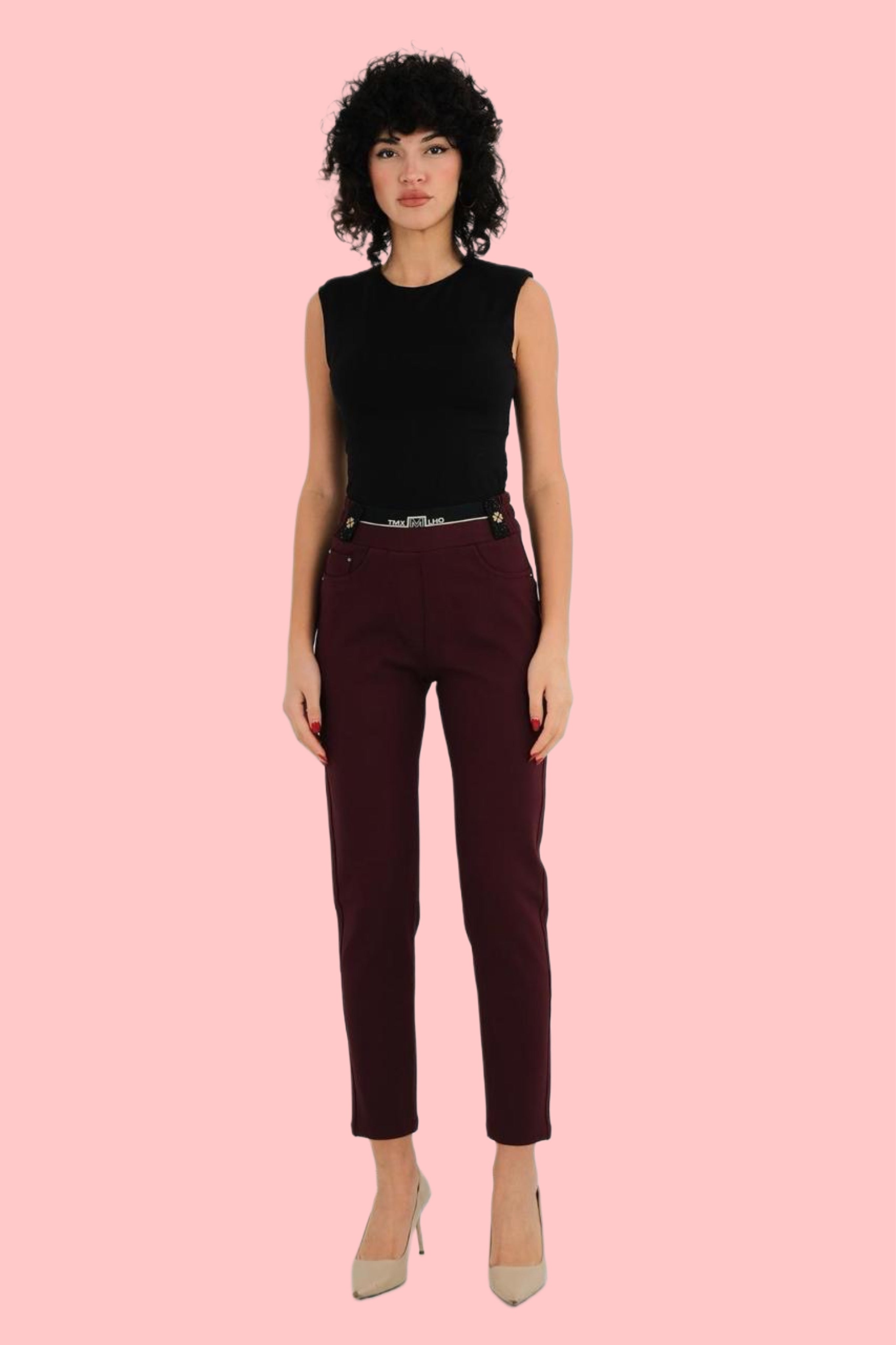 Дамски Еластичен Панталон "Елит" с Висока Талия (Бордо/Тъмночервен)