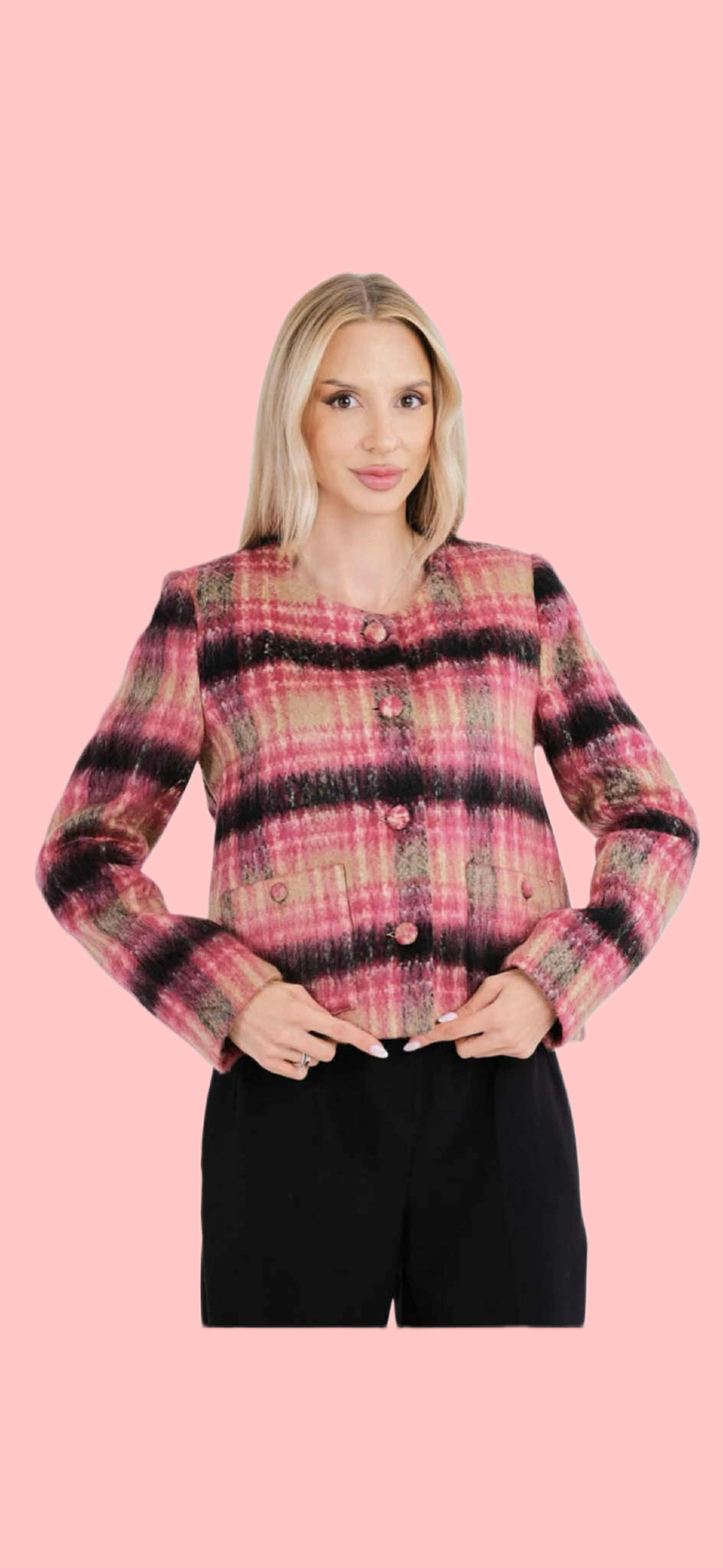 Късо Дамско Сако/Блейзър от Букле с Розово-Черно Каре